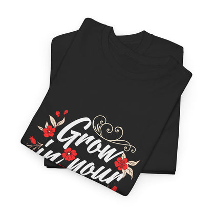 'Grow in Your Own Time' Unisex Heavy Cotton Tee – Inspirational Floral Shirt for Personal Growth and Self-Care