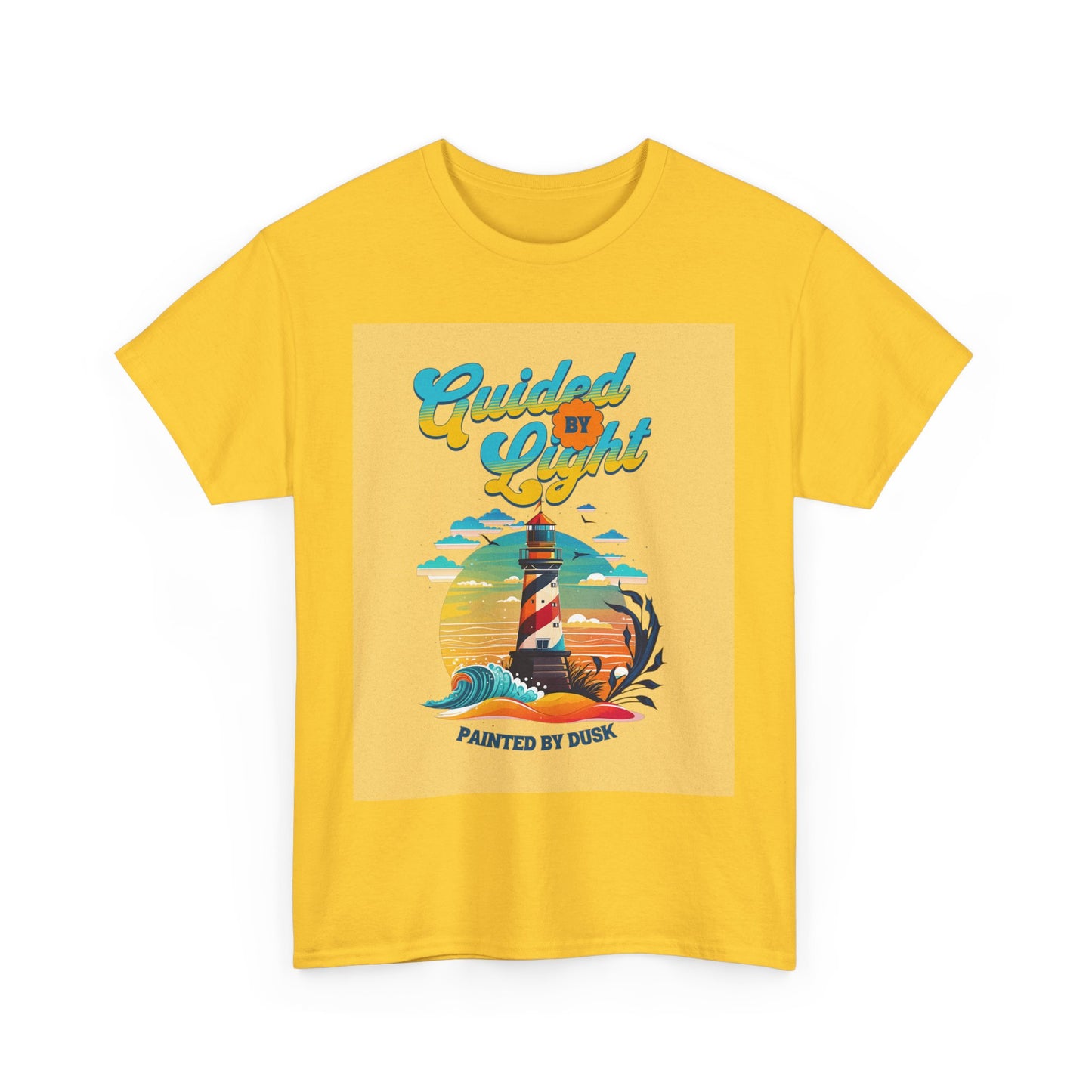 Guided by Dusk Men Heavy Cotton Tee - Vibrant Yellow Lighthouse Design