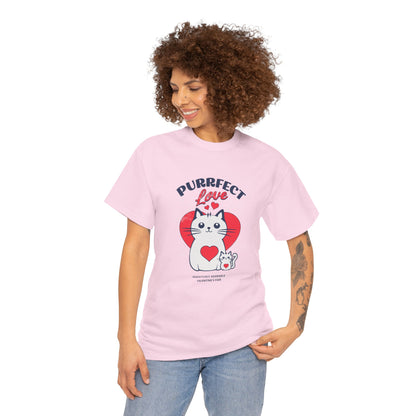 Purrfect Love Women Heavy Cotton Tee - Cat Lover's Heart Design